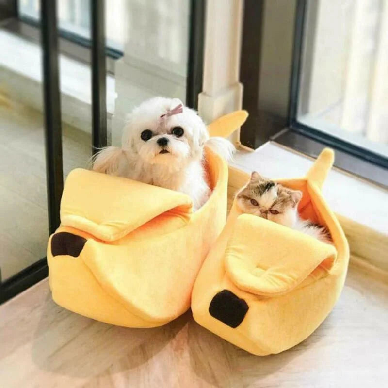 Banana Shape Cat & Small Dog Bed | Cozy Winter Deep Sleep Pet Nest